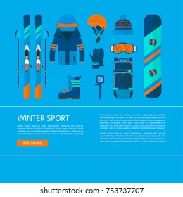 Winter sport icons collection. Skiing and snowboarding set equipment for website concept in flat style design. Elements for ski resort picture, mountain activities, vector illustration.