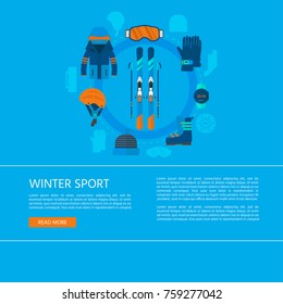 Winter sport icons collection. Skiing and snowboarding set equipment for website concept in flat style design. Elements for ski resort picture, mountain activities, vector illustration.