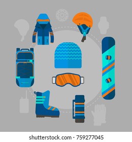 Winter sport icons collection. Skiing and snowboarding set equipment for website concept in flat style design. Elements for ski resort picture, mountain activities, vector illustration.