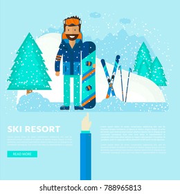 Winter sport icons collection. Skiing and snowboarding set equipment isolated on white background in flat style design. Elements for ski resort picture, mountain activities, vector illustration.
