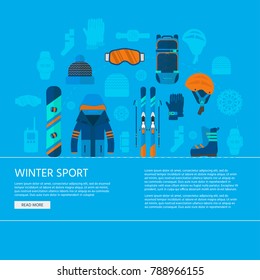 Winter sport icons collection. Skiing and snowboarding set equipment isolated on white background in flat style design. Elements for ski resort picture, mountain activities, vector illustration.