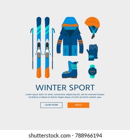 Winter sport icons collection. Skiing and snowboarding set equipment isolated on white background in flat style design. Elements for ski resort picture, mountain activities, vector illustration.