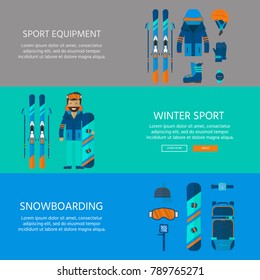 Winter sport icons collection. Skiing and snowboarding set equipment isolated on white background in flat style design. Elements for ski resort picture, mountain activities, vector illustration.