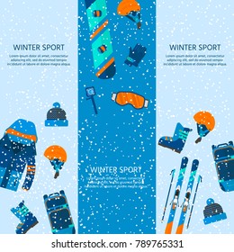 Winter sport icons collection. Skiing and snowboarding set equipment isolated on white background in flat style design. Elements for ski resort picture, mountain activities, vector illustration.