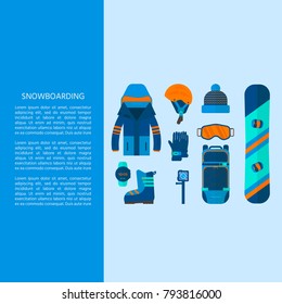 Winter sport icons collection. Skiing and snowboarding set equipment isolated on white background in flat style design. Elements for ski resort picture, mountain activities, vector illustration.