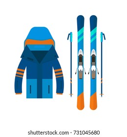 Iconos de invierno chaqueta y esquí. Equipo de esquí y snowboard aislado en fondo blanco en un diseño de estilo plano. Elementos para la fotografía de la estación de esquí, actividades de montaña, ilustración vectorial