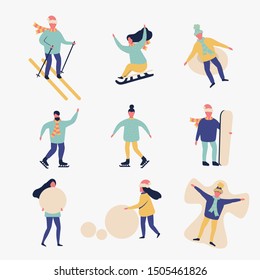 Winter sport icons. People skating, skiing, sledding, making a snowman. Fun outdoor activities.