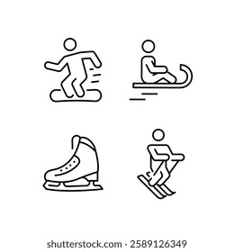 Winter sport icons. Set of 4 winter sports minimal icons. Helmet, Skates, Stick, Sky icon. Design signs for web page, mobile app, and print materials. Vector illustration