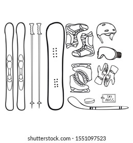 Winter sport icons set. Elements pack with ski, poles, snowboard, boots, helmet, glasses, ice skates, gloves, ski pass, hockey stick and puck. Outline objects isolated on white background.
