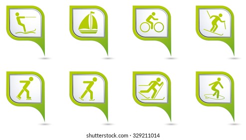 Winter sport icons set on green map pointers.