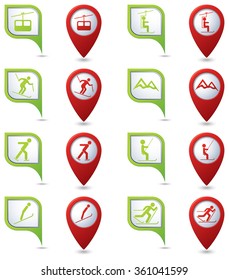 Winter sport icons set on green and red map pointers.