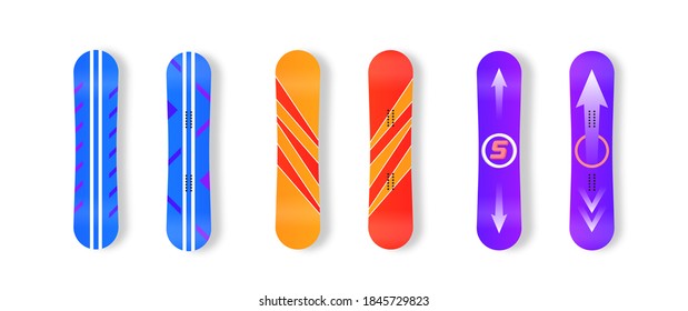 Winter sport icons of snowboard. Set of different snowboards are ready for your design isolated on white background. Elements for ski resort picture, mountain activities. Vector illustration, eps 10.