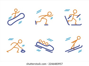 Winter sport icons. Snowboarding, skating, skiing, bobsleigh, ski jumping, curling. Vector illustration. For winter icons and web site illustrations. Vector graphics