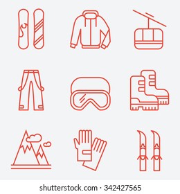 Winter sport icons, thin line style, flat design