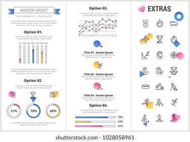 Winter sport infographic template, elements and icons. Infograph includes customizable graphs, four options, line icon set with sport equipment, trophy, team games, champion pedestal, athlete etc.