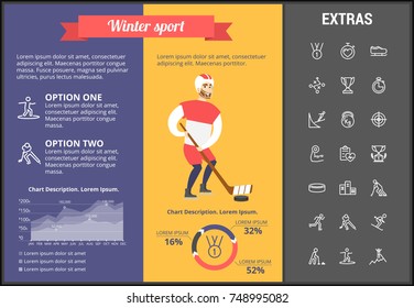 Winter sport infographic template, elements and icons. Infograph includes customizable graphs, charts, line icon set with sport equipment, winner trophy, team games, champion pedestal, athlete etc.