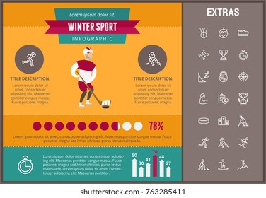 Winter sport infographic template, elements and icons. Infograph includes customizable graphs, charts, line icon set with sport equipment, winner trophy, team games, champion pedestal, athlete etc.