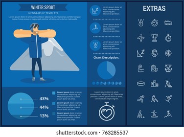 Winter sport infographic template, elements and icons. Infograph includes customizable graphs, charts, line icon set with sport equipment, winner trophy, team games, champion pedestal, athlete etc.