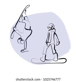 Winter sport. Ink sketch snowboarder. Hand drawn vector illustration.