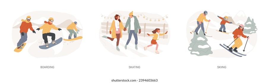 Winter sport isolated concept vector illustration set. Snowboarding, skating and skiing, mountain holiday, extreme sports, freestyle rider, ice rink, active lifestyle, family fun vector concept.