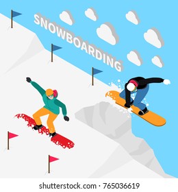 Winter sport isometric people composition with snowboard rider people characters in uniform with 3d text and clouds vector illustration
