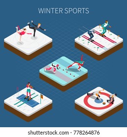 Winter sport isometric people composition with olympic athletes in sportswear doing different kinds of sport vector illustration