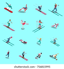 Winter sport isometric people set of isolated human figures of athletes in uniform with appropriate outfit vector illustration