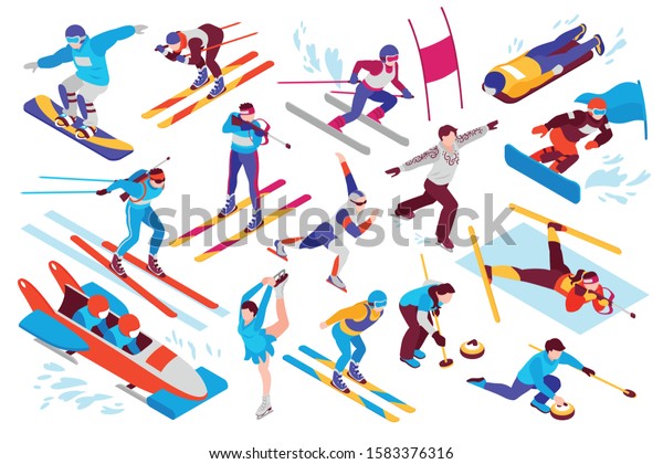 Winter sport isometric set with snowboarding
alpine skiing biathlon curling figure skating bobsled isolated
vector illustration