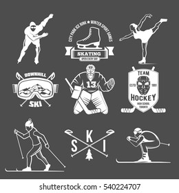 Winter sport label logo design. Ice skating boot, speed scating, figure skating, ice hockey, ice skating, ski, downhill. Winter sports. Retro logo design. Old school sport logo. Monochrome badges.