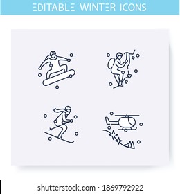 Winter sport line icons set. Outdoors activities, festive entertainments, winter holidays. Recreation and leisure concept. Christmas mood. Isolated vector illustration. Editable stroke 