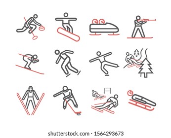 Winter Sport. Line Icons. Skiing. Vector Signs For Web Graphics