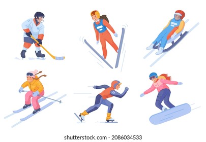 Deporte de invierno para niños pequeños. Deportes de nieve para niños caricaturistas, patinaje sobre hielo, hockey sobre patines de nieve, esquí divertido, actividades para niños, dibujos animados y la ilustración vectorial. Actividad deportiva en la nieve