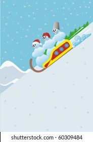 Winter sport. Luge. Snowmen rolling down a hill on sleds