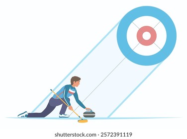 Winter sport. Man Playing Curling.  Player with stone and brush on a ice rink. Curling Sheet on Background. Vector illustration.