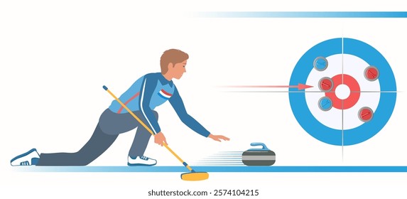 Winter sport. Man Playing Curling. Player with stone and brush on a ice rink. Curling Sheet and Stones near center button on Background. Arrow indicates the direction of movement. Vector illustration