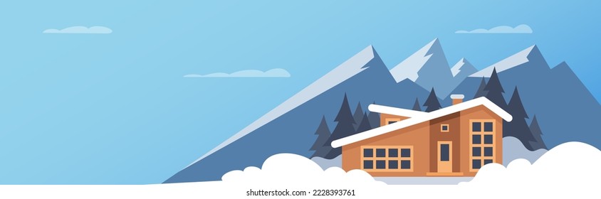 Winter Sport. Winter mountain landscape with big house for tourists. Winter holidays in the mountains, ski resorts, house rentals. Vector flat illustration