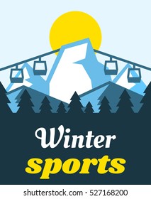 Winter sport. Mountains, active vacation. Lifts up the mountain. Fresh air. on the horizon, winter nature view. Pine forest. Vector illustration. Flat style
