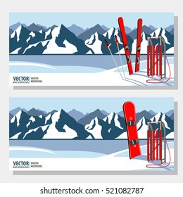 Winter sport objects. Red wooden sled, snowboard and and ski. Mountains in winter season. Vector banners.