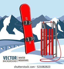 Winter sport objects. Red wooden sled and snowboard. Mountains in winter season. Vector background.