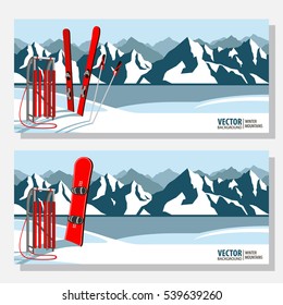 Winter sport objects. Red wooden sled, snowboard and and ski. Mountains in winter season. Vector banners.