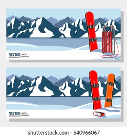 Winter sport objects. Red wooden sled, snowboard. Mountains in winter season. Panorama. Vector banners.