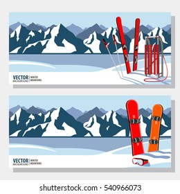 Winter sport objects. Red wooden sled, snowboard and and ski. Mountains in winter season. Panorama. Vector banners.