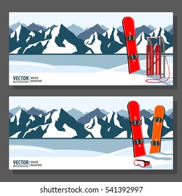 Winter sport objects. Red wooden sled, snowboard. Mountains in winter season. Vector banners.