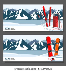 Winter sport objects. Red wooden sled, snowboard and and ski. Mountains in winter season. Vector banners.