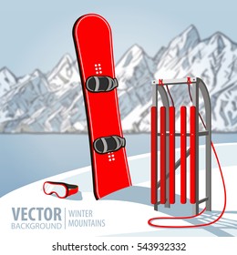Winter sport objects. Red wooden sled and snowboard. Mountains in winter season. Vector background.