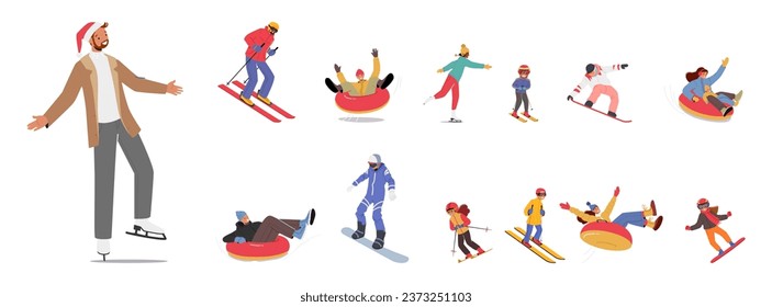 Winter Sport and Outdoor Activities Set. Characters Engaged In A Variety Of Exhilarating Sports, Including Skiing, Ice Skating, Snowboarding, Sliding And Sledding. Cartoon People Vector Illustration