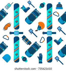Winter sport  pattern. Skiing and snowboarding set equipment isolated on white background in flat style design for decorative wallpaper, printing, backdrop, scrapbook.