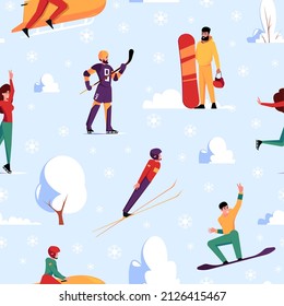 Winter sport pattern. Snowboarding skiing garish vector seamless background