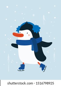 Winter sport penguin baby with snowflakes background. Outdoor holiday activity. Doodle cartoon animal character illustration. For print, poster, calendar, decoration, textile, card, souvenirs