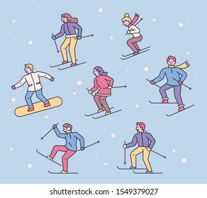 Winter sport People enjoying skiing and snowboarding. flat design style minimal vector illustration.